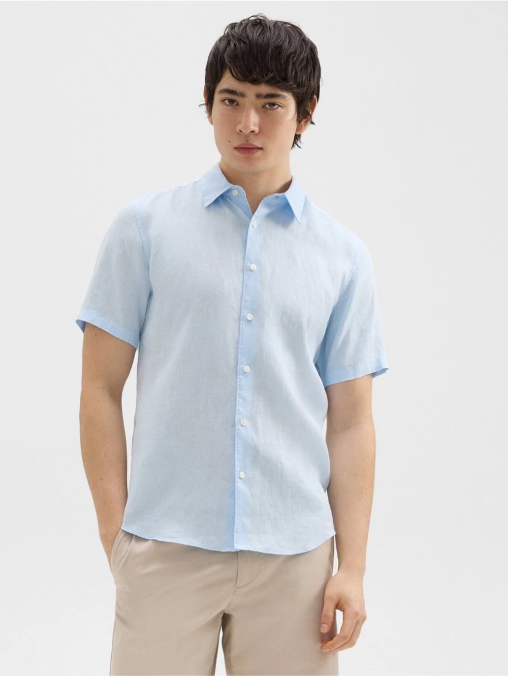 Theory Light Blue Short-Sleeve Linen Button-Down Shirt